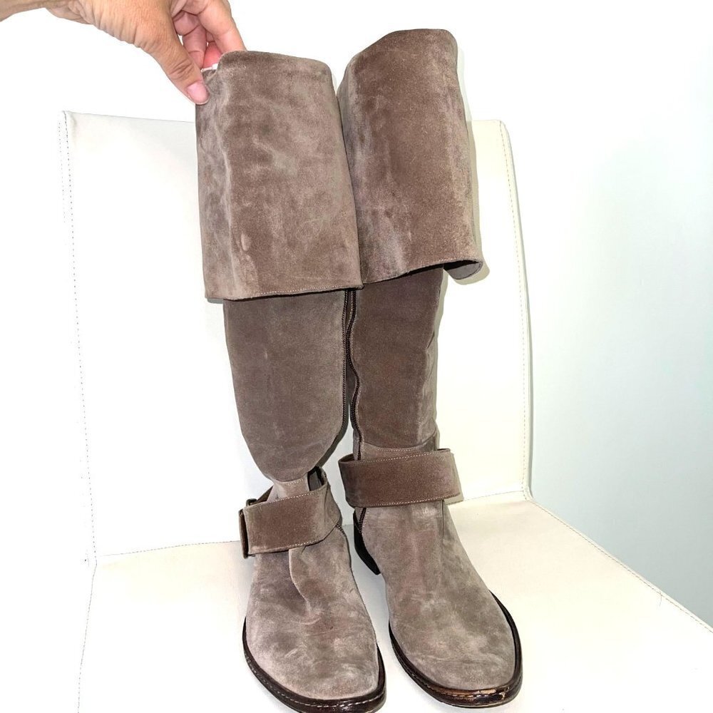 Barneys Co-Op Suede Over The Knee Boots Womens Size 7.5 Ankle Strap Zipper Taupe